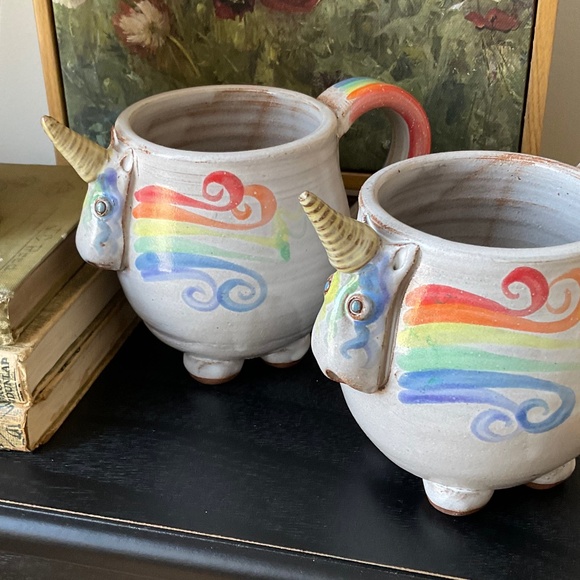 Mudworks Elwood the Rainbow Unicorn Mugs (2) Hand Thrown Pottery Footed USA Made - Picture 3 of 12